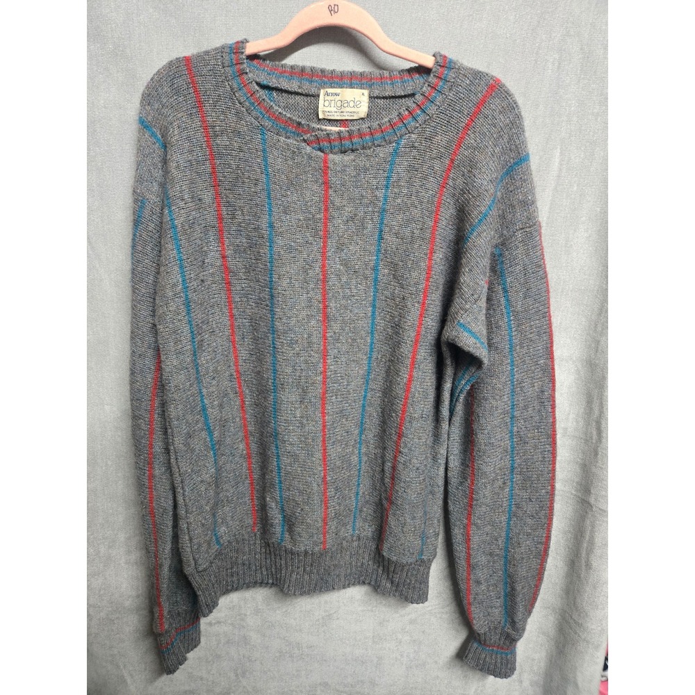 Vintage Arrow Brigade Mens Grey Shetland Wool Striped Crewneck Sweater XL